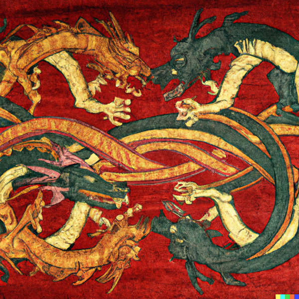 File:-ai-DALLE 2022-09-11 00.08.35 - A medieval tapestry depicting 4 dragons intertwined in battle..png