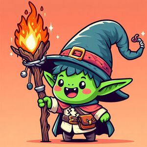 illustration of smiling goblin in adventuring gear holding wizard staff
