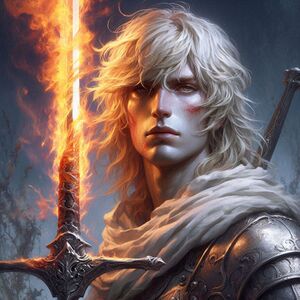 "An albino warrior with a melancholy expression stares at the viewer. A large sword is held in their grasp."