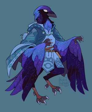 "A blue/black ravenfolk with starlike glimmer in her feathers in cleric garb"
