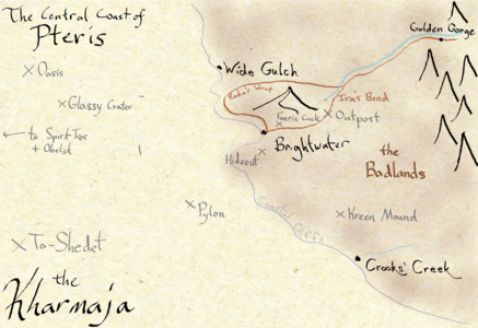The central "coast" of Pteris where the badlands meet the Kharmaja dune sea (c. 180 BR)
