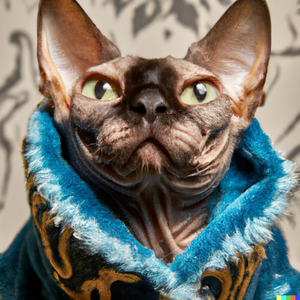 A hairless Rakshasa wizard sporting a blue, velvet robe.