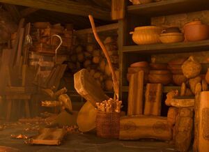 hut with tools and woodcarvings